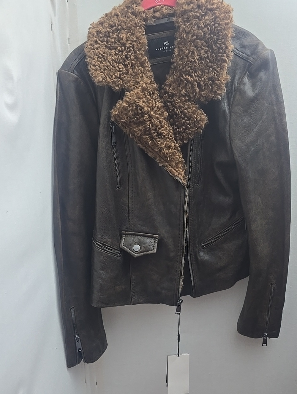Andrew Marc Dark Brown Leather Jacket with Curly Shearling Collar